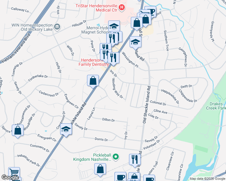 map of restaurants, bars, coffee shops, grocery stores, and more near 116 Winding Way Drive in Hendersonville