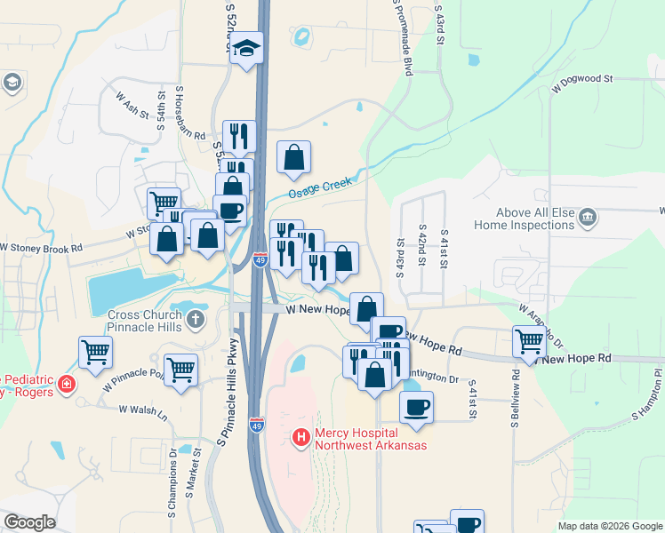 map of restaurants, bars, coffee shops, grocery stores, and more near 1715 S 46th St in Rogers