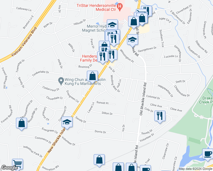 map of restaurants, bars, coffee shops, grocery stores, and more near 109 Brookside Drive in Hendersonville