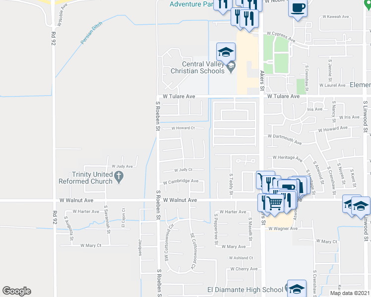 map of restaurants, bars, coffee shops, grocery stores, and more near 1602 South Tommy Street in Visalia