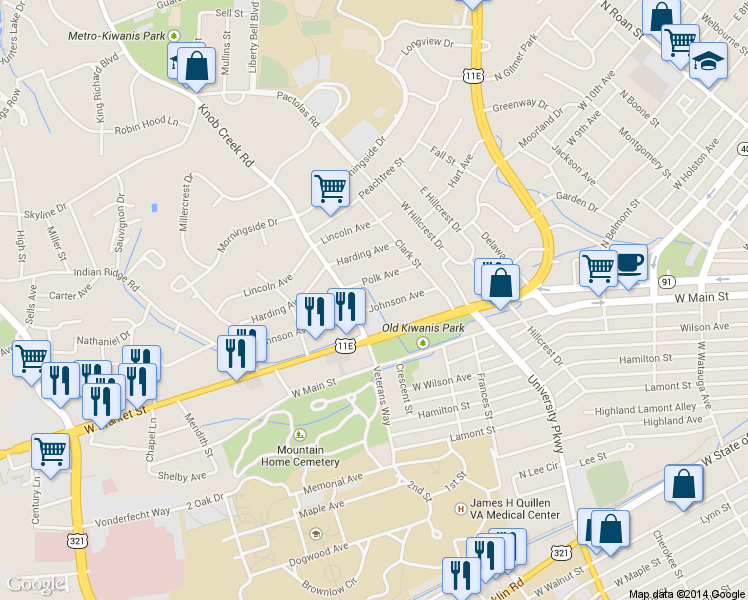 map of restaurants, bars, coffee shops, grocery stores, and more near 826 Johnson Avenue in Johnson City