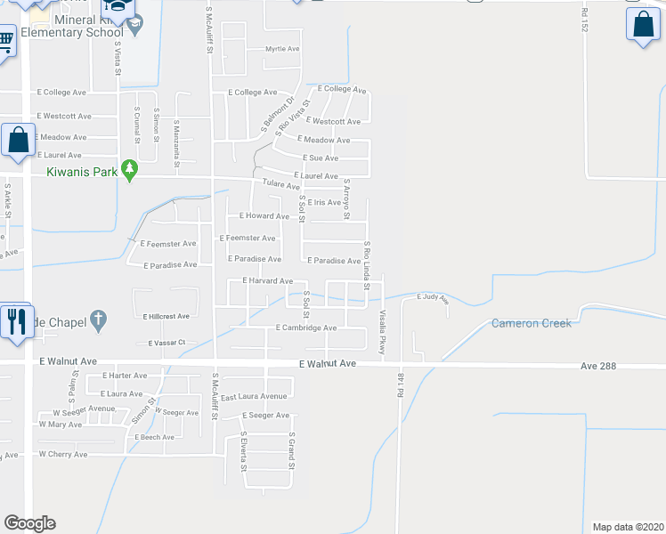 map of restaurants, bars, coffee shops, grocery stores, and more near 4217 East Paradise Avenue in Visalia