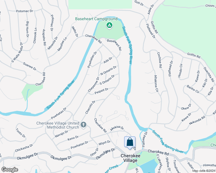 map of restaurants, bars, coffee shops, grocery stores, and more near 7 Pequot Drive in Cherokee Village