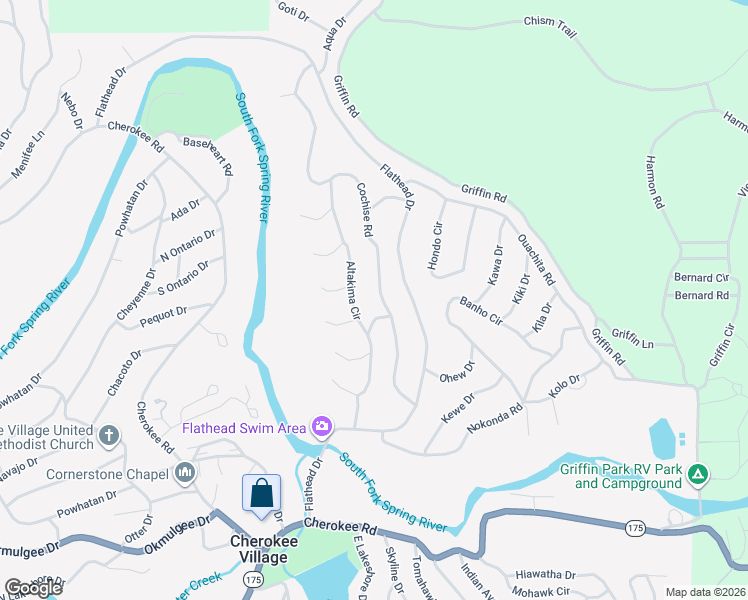 map of restaurants, bars, coffee shops, grocery stores, and more near 87 Cochise Road in Cherokee Village