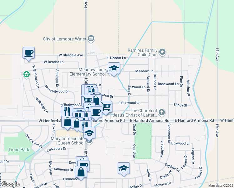 map of restaurants, bars, coffee shops, grocery stores, and more near 328 East Hazelwood Drive in Lemoore