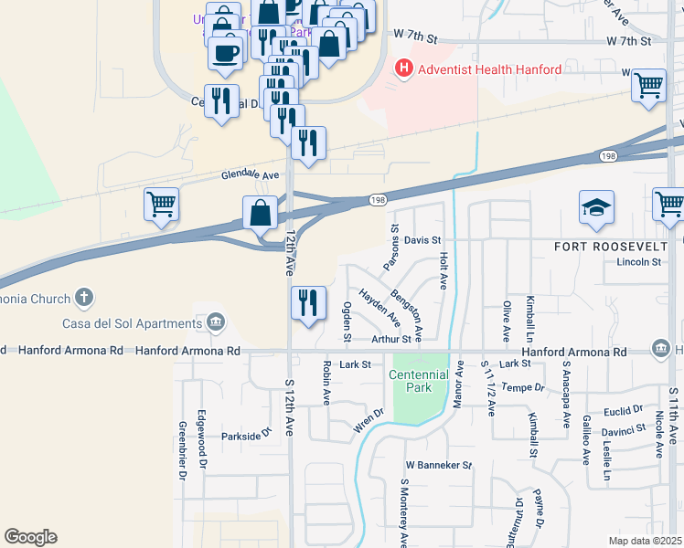 map of restaurants, bars, coffee shops, grocery stores, and more near 805 Ogden Street in Hanford