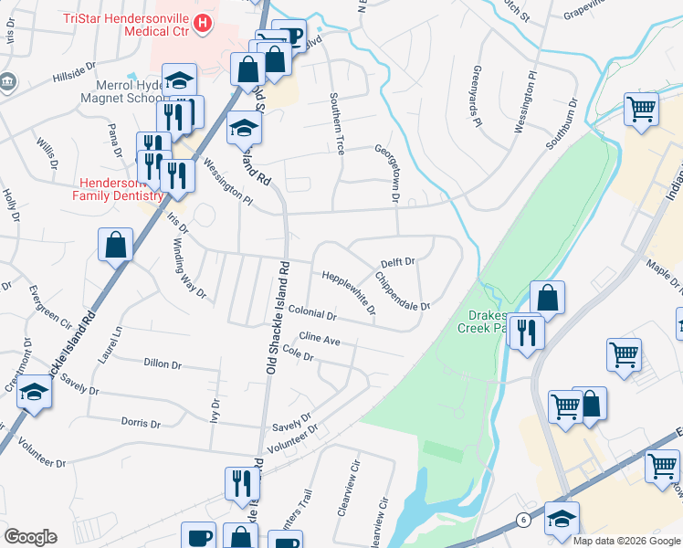 map of restaurants, bars, coffee shops, grocery stores, and more near 111 Hepplewhite Drive in Hendersonville