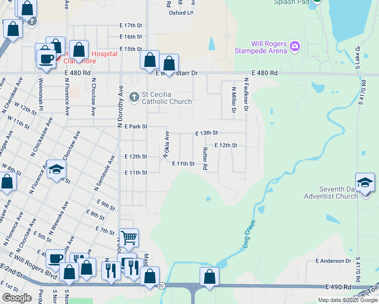 map of restaurants, bars, coffee shops, grocery stores, and more near 1119 North Kansas Avenue in Claremore