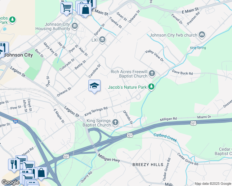 map of restaurants, bars, coffee shops, grocery stores, and more near 1105 Fremont Drive in Johnson City