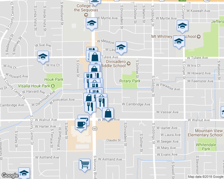 map of restaurants, bars, coffee shops, grocery stores, and more near 1814 West Harvard Avenue in Visalia