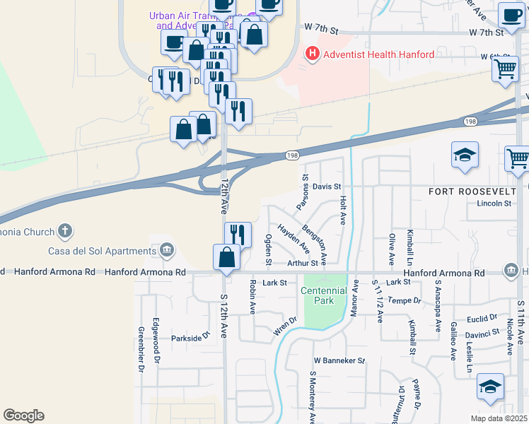 map of restaurants, bars, coffee shops, grocery stores, and more near 805 Ogden Street in Hanford