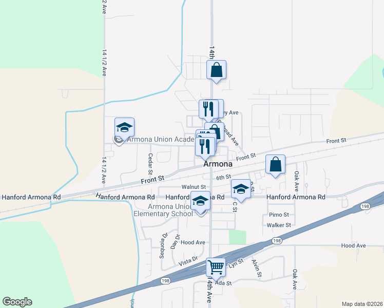map of restaurants, bars, coffee shops, grocery stores, and more near 10842 Hamill Street in Lemoore