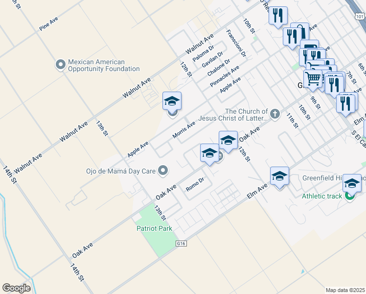 map of restaurants, bars, coffee shops, grocery stores, and more near 1245 Hicks Drive in Greenfield