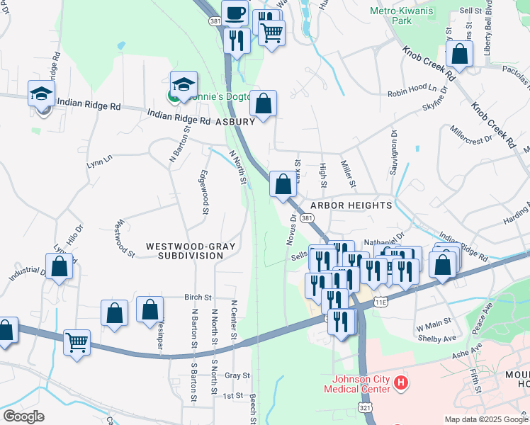 map of restaurants, bars, coffee shops, grocery stores, and more near 1011 Clinchfield Street in Johnson City