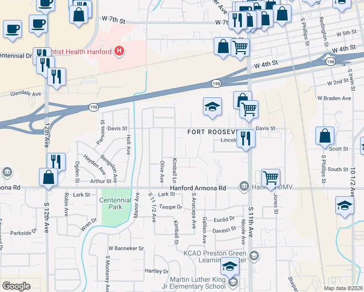 map of restaurants, bars, coffee shops, grocery stores, and more near 728 South Del Rio Court in Hanford