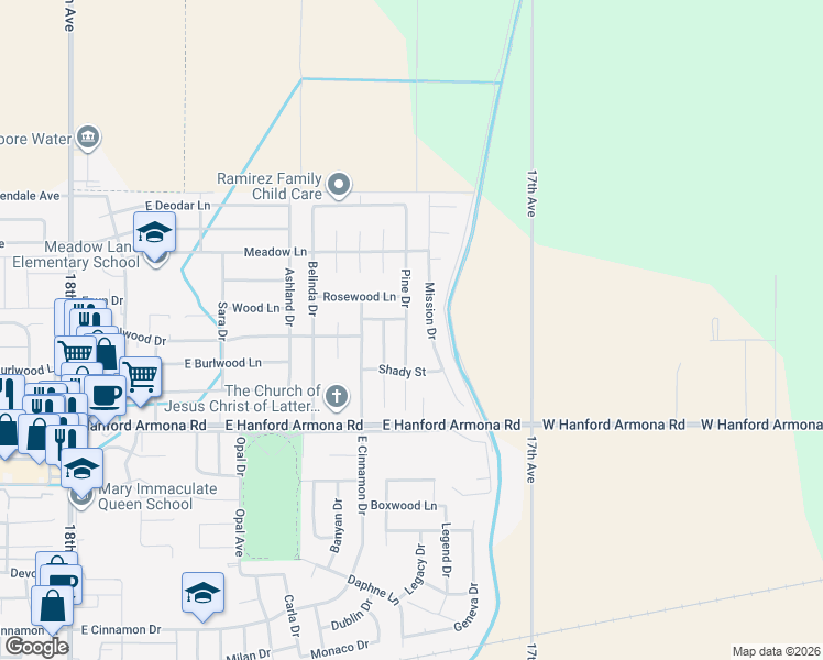 map of restaurants, bars, coffee shops, grocery stores, and more near 1214 Pine Drive in Lemoore