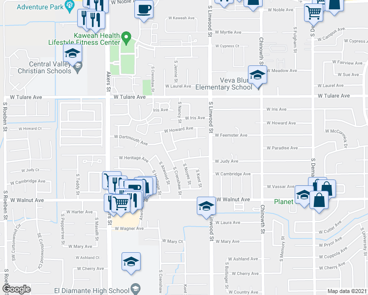 map of restaurants, bars, coffee shops, grocery stores, and more near 1603 South Nancy Court in Visalia