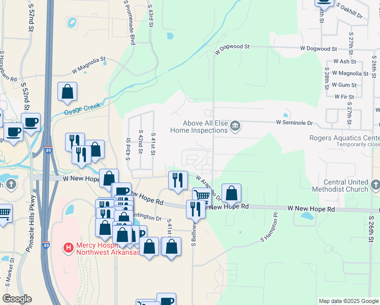 map of restaurants, bars, coffee shops, grocery stores, and more near 3817 West Pawnee Road in Rogers