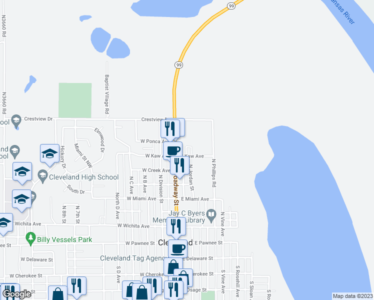 map of restaurants, bars, coffee shops, grocery stores, and more near 107 East Kaw Avenue in Cleveland