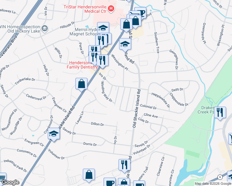map of restaurants, bars, coffee shops, grocery stores, and more near 108 Pebble Creek Drive in Hendersonville
