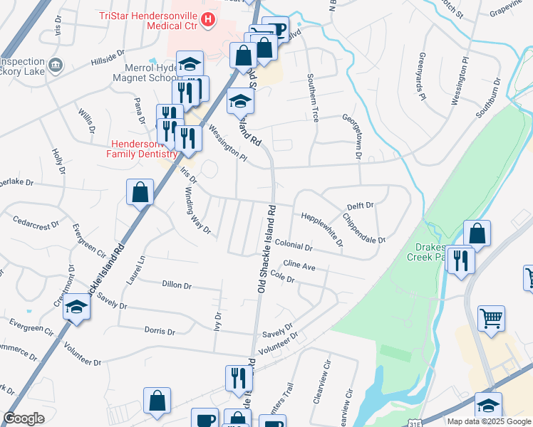 map of restaurants, bars, coffee shops, grocery stores, and more near 289 Old Shackle Island Road in Hendersonville