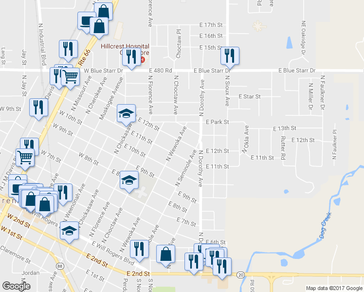 map of restaurants, bars, coffee shops, grocery stores, and more near 415 East 12th Street in Claremore