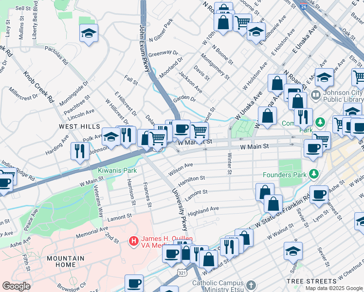 map of restaurants, bars, coffee shops, grocery stores, and more near 529 W Market St in Johnson City
