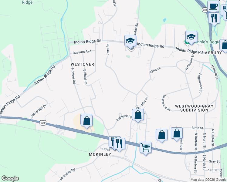 map of restaurants, bars, coffee shops, grocery stores, and more near 255 Lynn Road in Johnson City