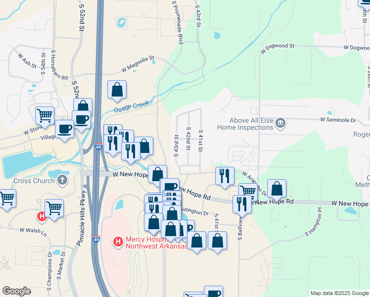 map of restaurants, bars, coffee shops, grocery stores, and more near 1718 South 42nd Street in Rogers