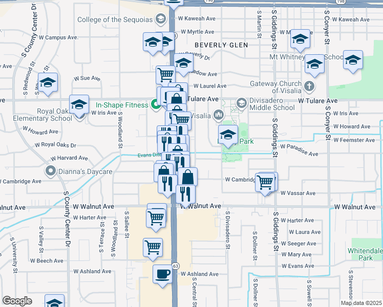 map of restaurants, bars, coffee shops, grocery stores, and more near 1542 South Mooney Boulevard in Visalia