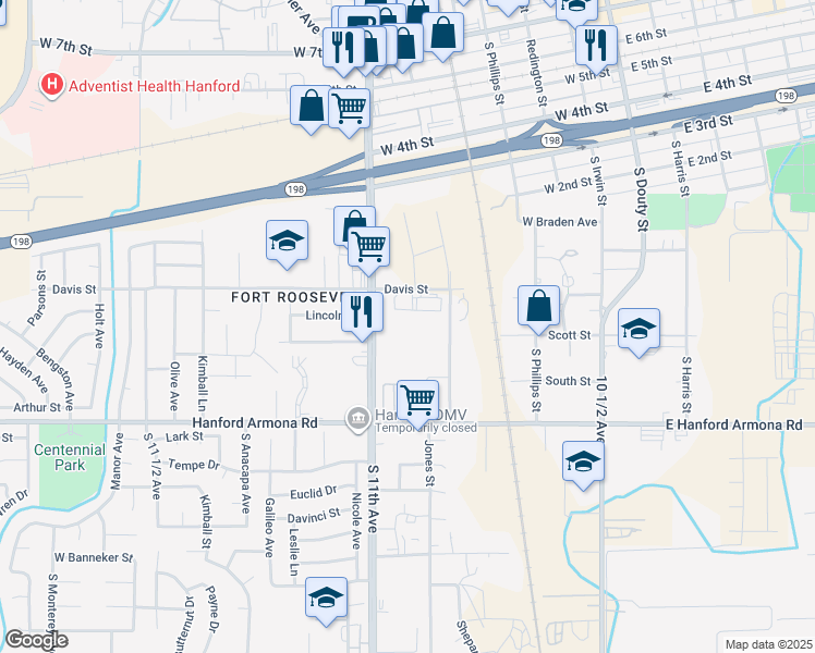 map of restaurants, bars, coffee shops, grocery stores, and more near 613 South 11th Avenue in Hanford