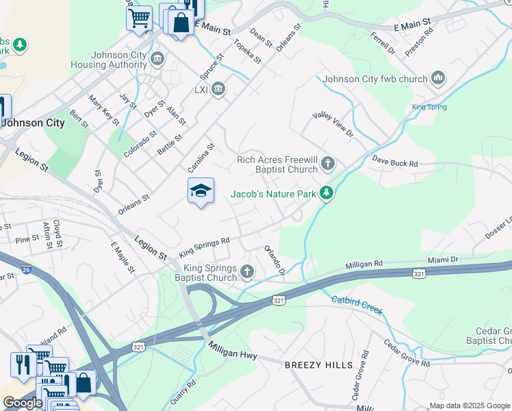 map of restaurants, bars, coffee shops, grocery stores, and more near 1105 Fremont Drive in Johnson City
