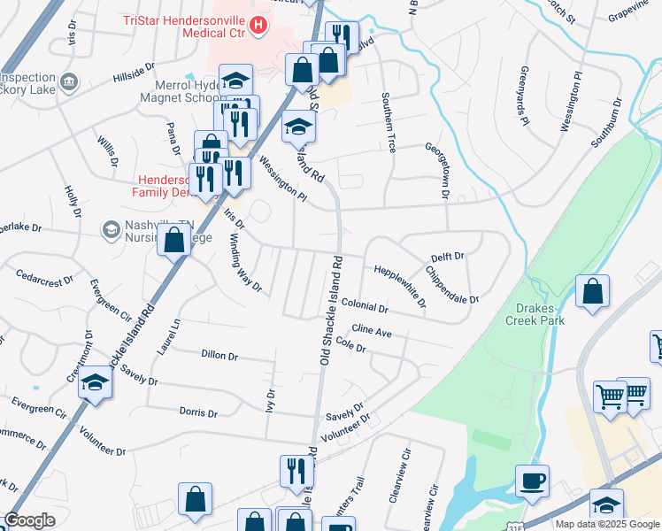 map of restaurants, bars, coffee shops, grocery stores, and more near 289 Old Shackle Island Road in Hendersonville