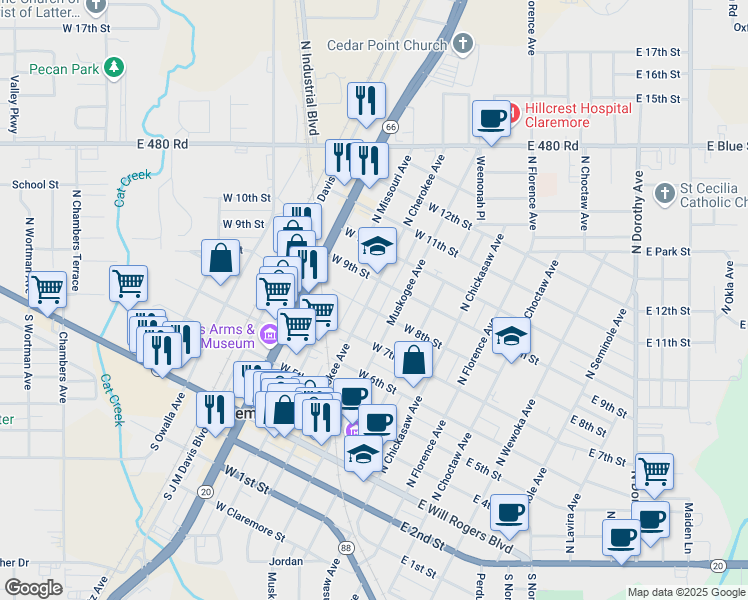 map of restaurants, bars, coffee shops, grocery stores, and more near 621 North Cherokee Avenue in Claremore