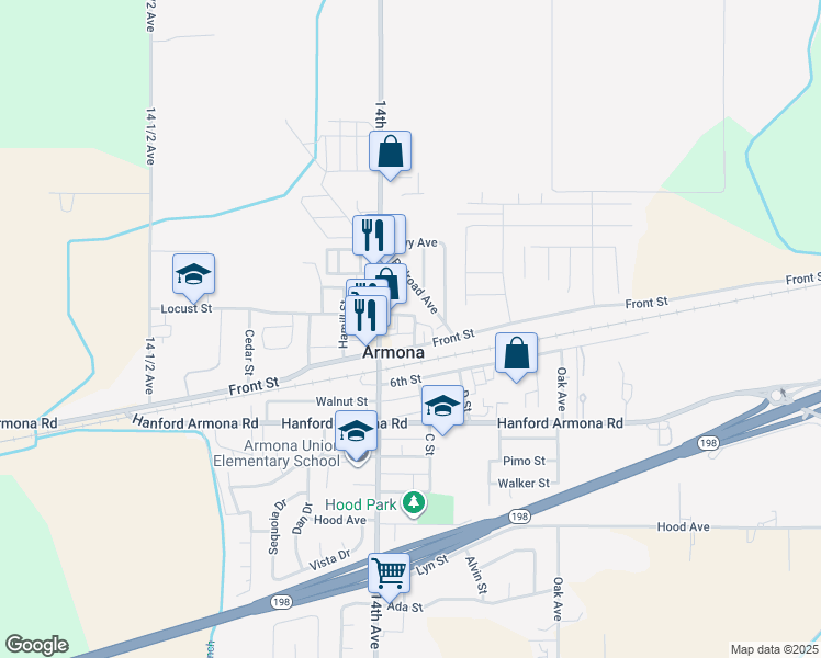 map of restaurants, bars, coffee shops, grocery stores, and more near 10848 Ambrose Street in Hanford