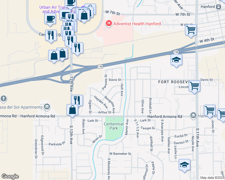 map of restaurants, bars, coffee shops, grocery stores, and more near 785 Kavanaugh Street in Hanford