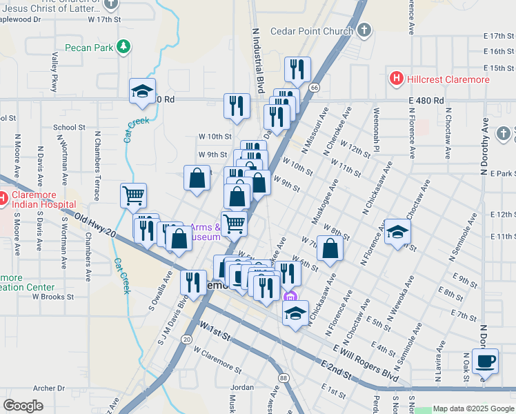 map of restaurants, bars, coffee shops, grocery stores, and more near 510 North Lynn Riggs Boulevard in Claremore