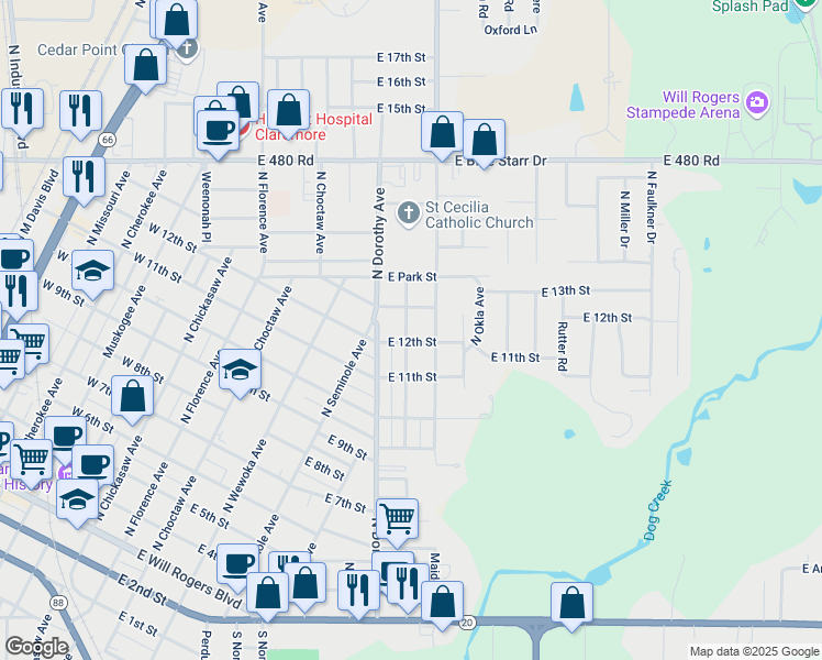 map of restaurants, bars, coffee shops, grocery stores, and more near 1006 North Osage Avenue in Claremore
