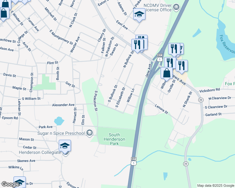 map of restaurants, bars, coffee shops, grocery stores, and more near 136 South Elizabeth Street in Henderson