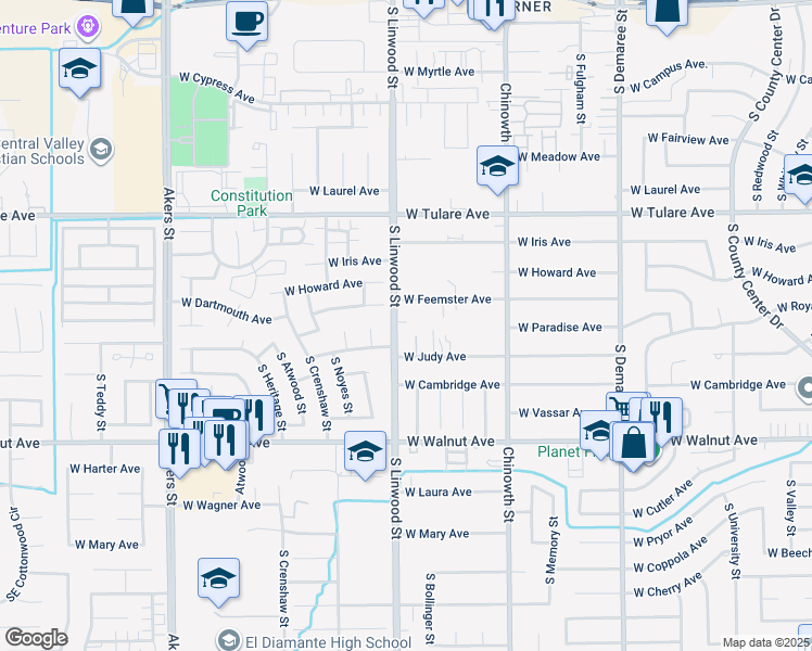 map of restaurants, bars, coffee shops, grocery stores, and more near 1546 South Linwood Street in Visalia
