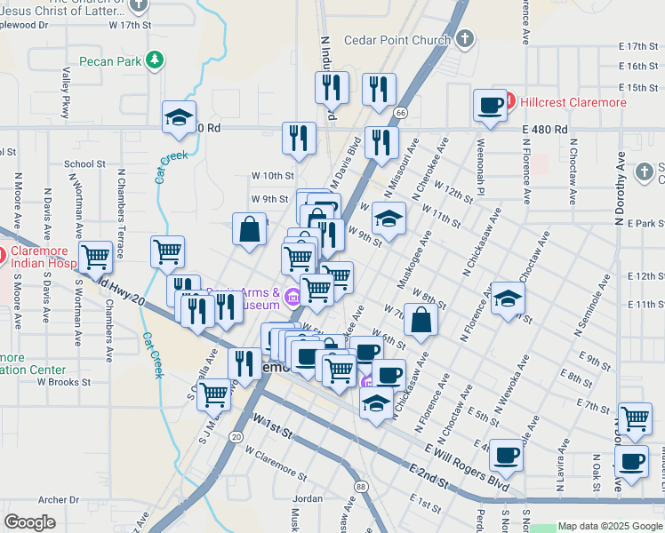 map of restaurants, bars, coffee shops, grocery stores, and more near 510 North Lynn Riggs Boulevard in Claremore