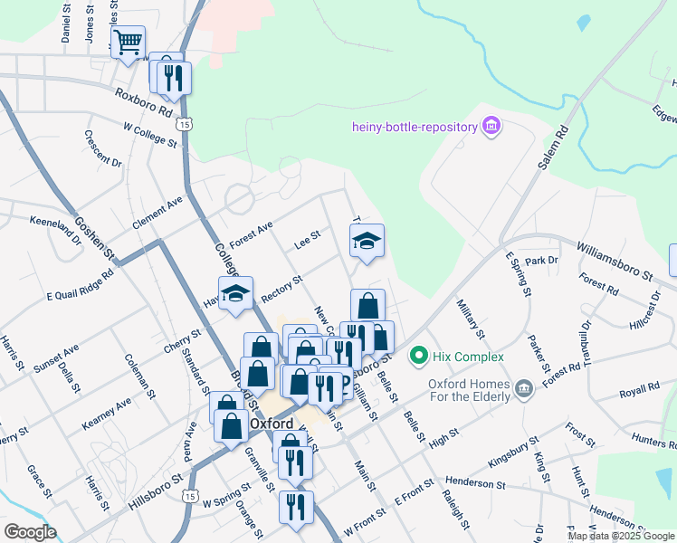 map of restaurants, bars, coffee shops, grocery stores, and more near 227 Lanier Street in Oxford