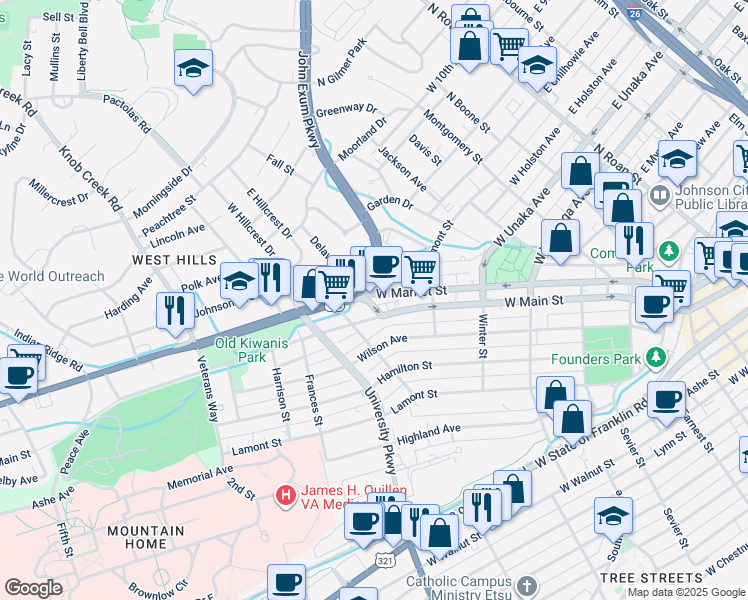 map of restaurants, bars, coffee shops, grocery stores, and more near 529 West Market Street in Johnson City