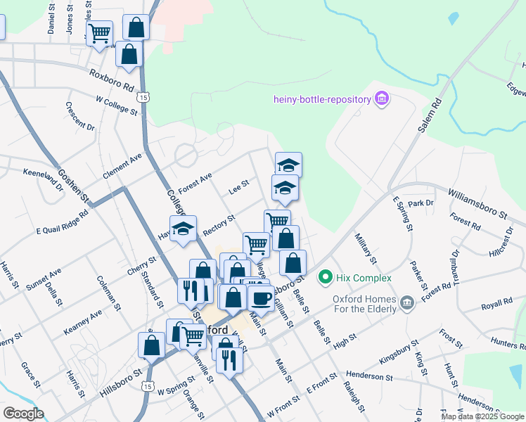 map of restaurants, bars, coffee shops, grocery stores, and more near 227 Lanier Street in Oxford