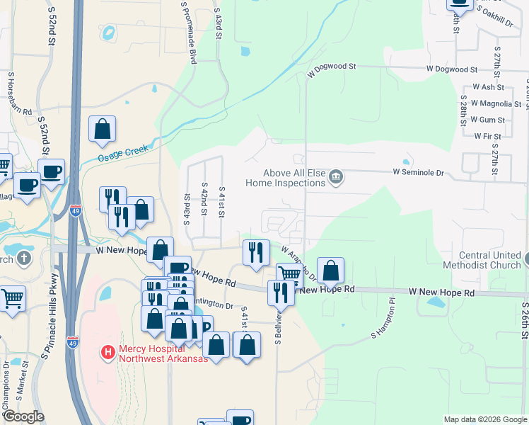 map of restaurants, bars, coffee shops, grocery stores, and more near 3817 West Pawnee Road in Rogers