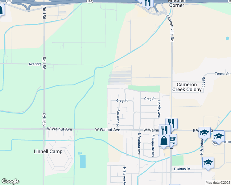 map of restaurants, bars, coffee shops, grocery stores, and more near 2161 North June Court in Farmersville
