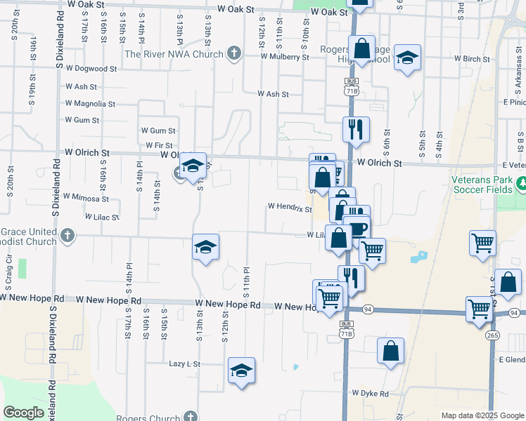 map of restaurants, bars, coffee shops, grocery stores, and more near 1036 West Hendrix Street in Rogers