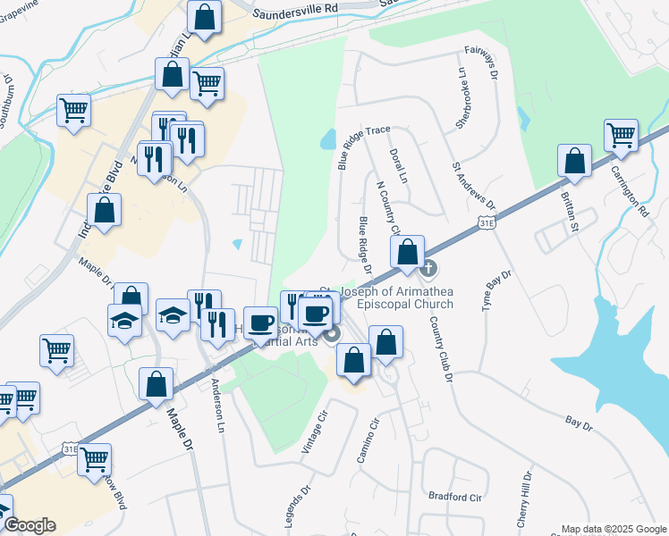 map of restaurants, bars, coffee shops, grocery stores, and more near 102 Blue Ridge Court South in Hendersonville