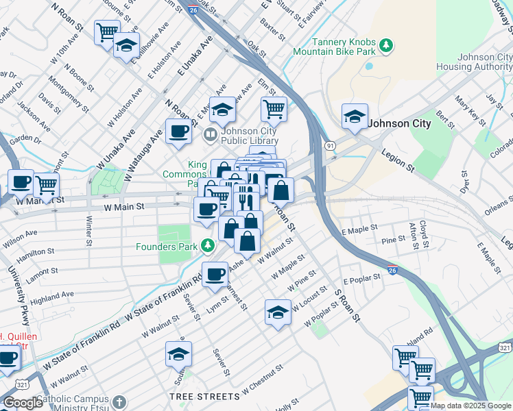 map of restaurants, bars, coffee shops, grocery stores, and more near 222 East Main Street in Johnson City