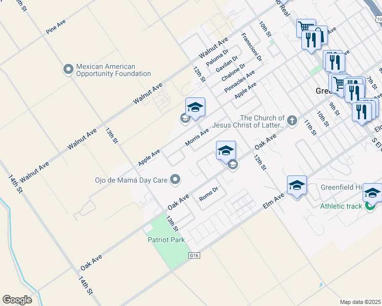 map of restaurants, bars, coffee shops, grocery stores, and more near 1245 Hicks Drive in Greenfield
